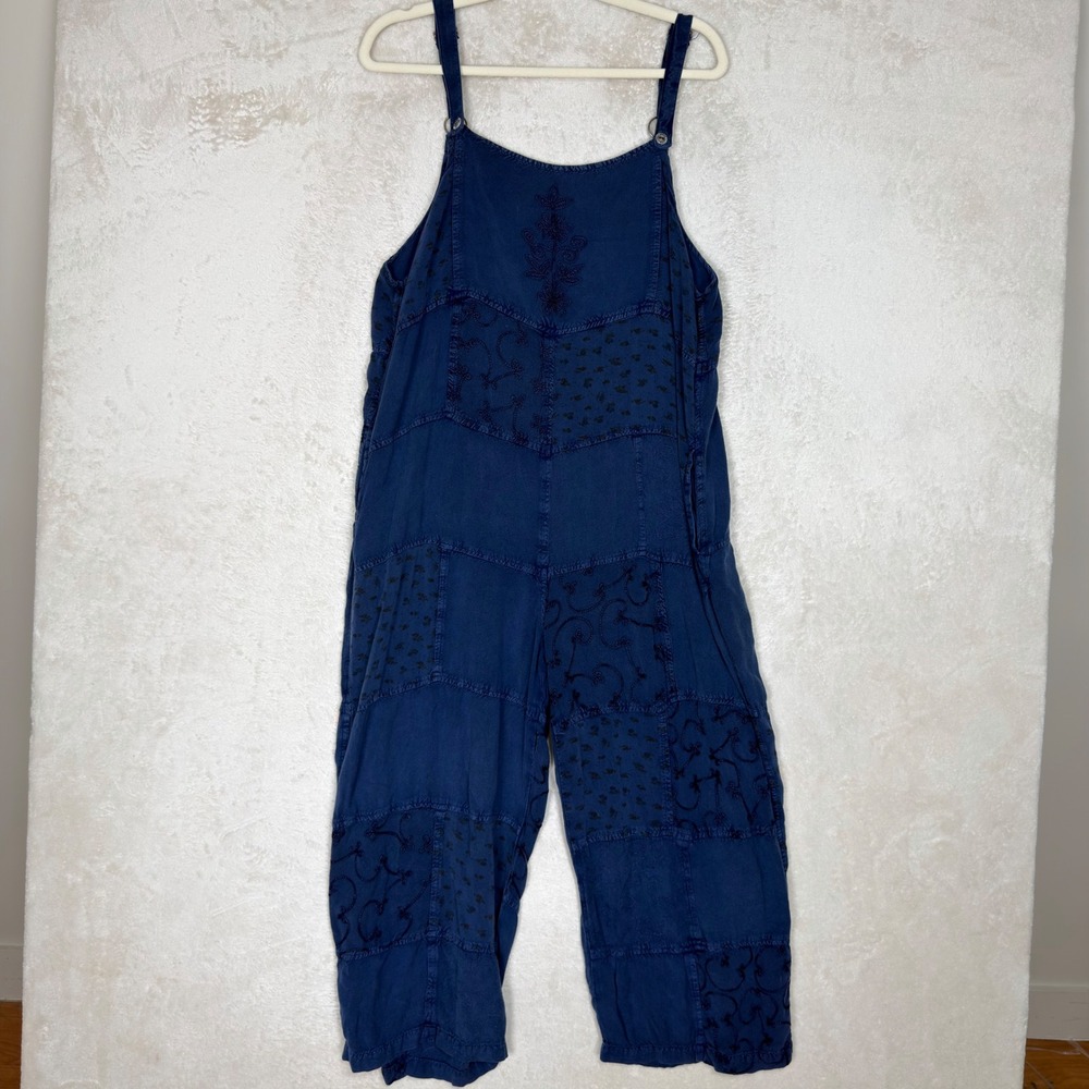 The Pyramid Collection Blue Patchwork Embroidered Rayon Overalls Jumpsuit Large
